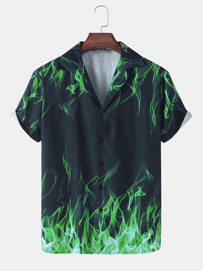 Mens All Over Green Flame Print Revere Collar Street Short Sleeve Shirt