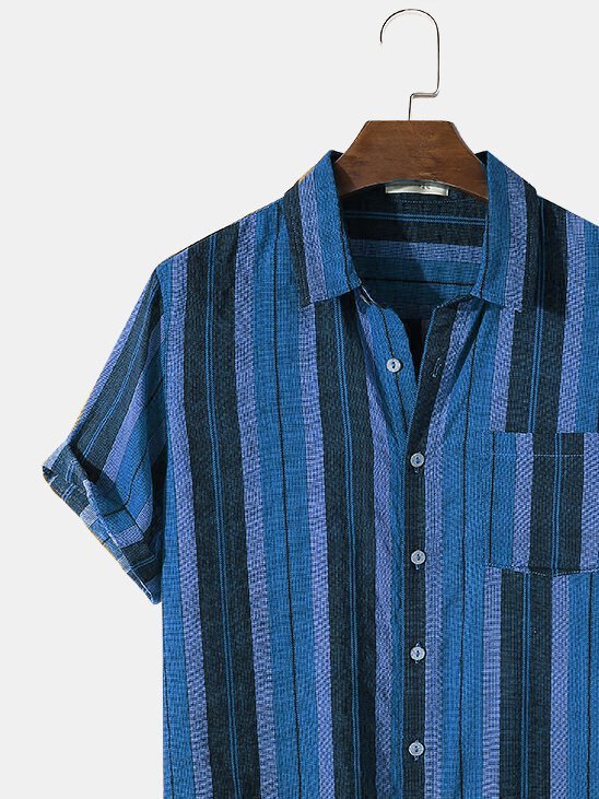 Mens Retro Stripe Chest Pocket Cotton Casual Short Sleeve Shirt