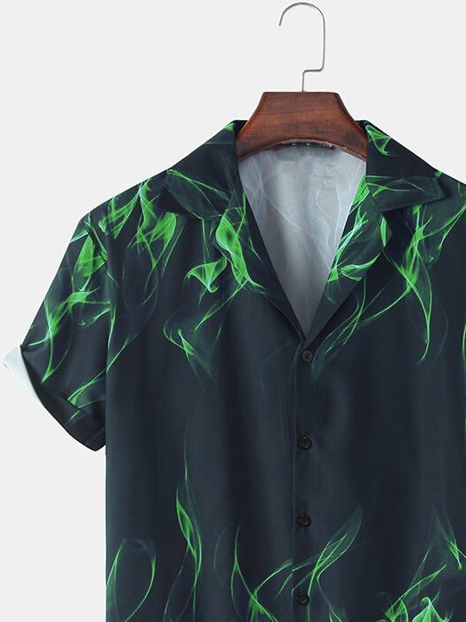 Mens All Over Green Flame Print Revere Collar Street Short Sleeve Shirt