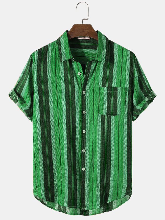 Mens Retro Stripe Chest Pocket Casual Short Sleeve Shirts hawalili