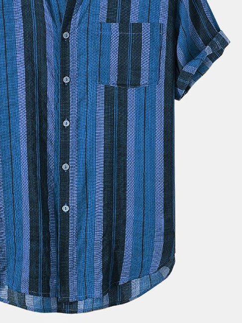 Mens Retro Stripe Chest Pocket Cotton Casual Short Sleeve Shirts