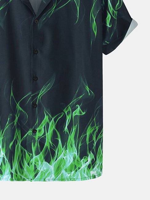 Mens All Over Green Flame Print Revere Collar Street Short Sleeve Shirts