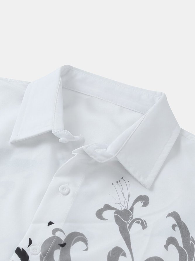 Mens Chinese Ink and Wash Flower Print Short Sleeve Shirts