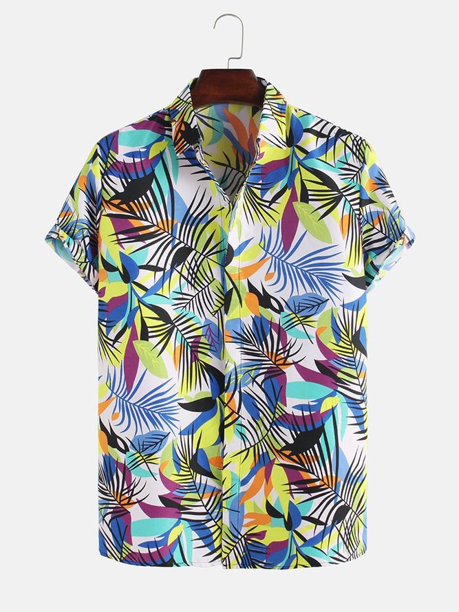 Mens Hawaii Style Leaf Printed Casual Breathable Short Sleeve Shirt