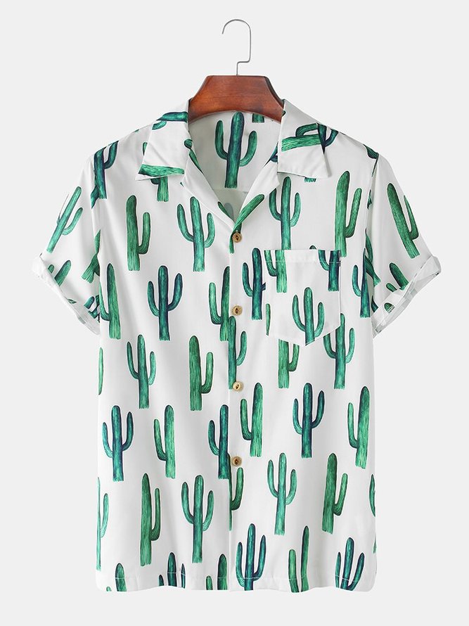 Mens Cactus Printed Light Revere Collar Casual Short Sleeve Shirt With Pocket