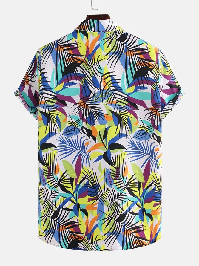 Mens Hawaii Style Leaf Printed Casual Breathable Short Sleeve Shirt