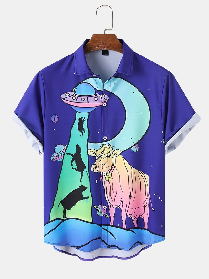 Mens Cartoon UFO & Sheep Print Short Sleeve Shirt