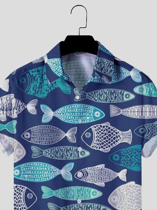 Mens Fish Print Holiday Lapel Shirts