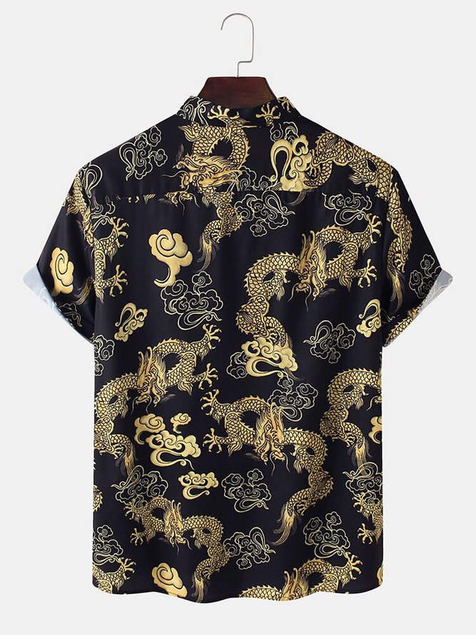 Mens All Over Golden Dragon Print Cotton Relaxed Fit Short Sleeve Shirts