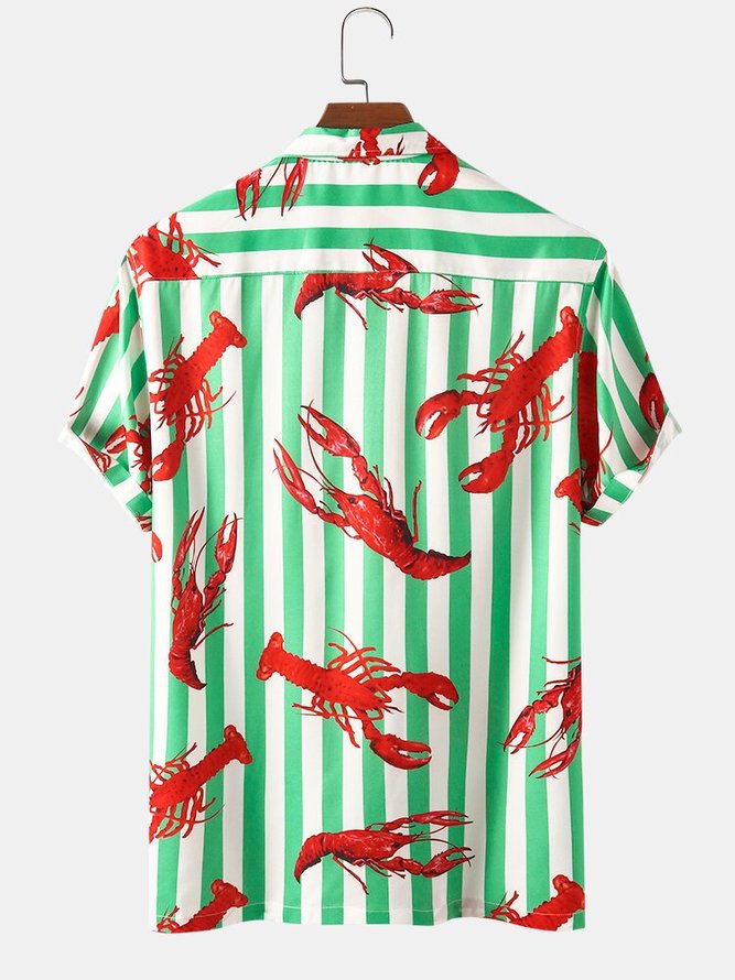 Men Lobster & Striped Beach Casual Lapel Shirt