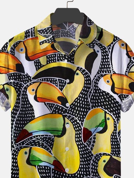 Mens Hawaii Parrots Holiday Printed Lapel Short Sleeve Shirt