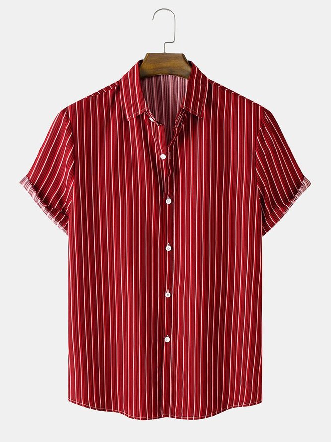 Mens Vertical Stripe Button Up Plain Casual Cotton Short Sleeve Shirts