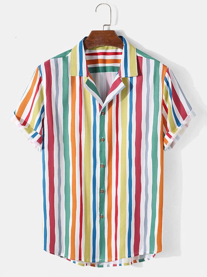 Mens Colorful Striped Revere Collar Button Up Short Sleeve Shirts | Men ...