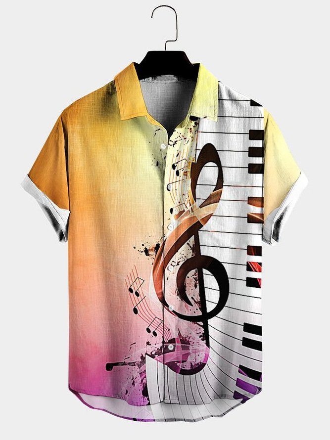 Mens Music Note Print Lapel Casual Loose Short Sleeve Hawaiian Shirt