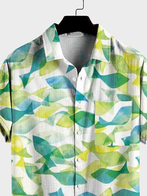 Mens Fish Print Pocket Lapel Casual Loose Short Sleeve Shirt