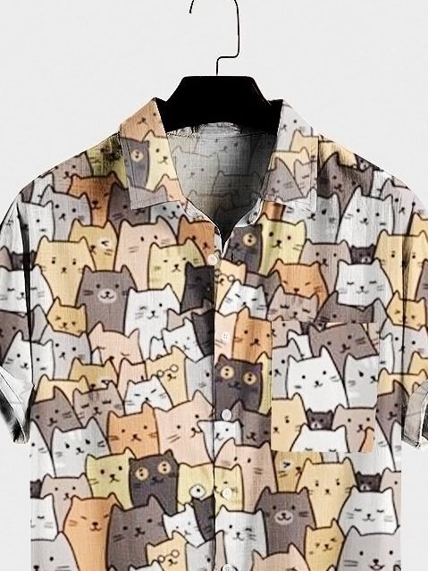 Mens Cats Print Pocket Lapel Casual Loose Short Sleeve Hawaiian Shirt