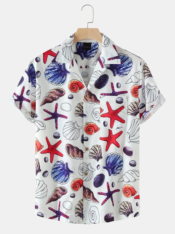 Mens Starfish Ocean Element Print Revere Collar Holiday Short Sleeve Shirts