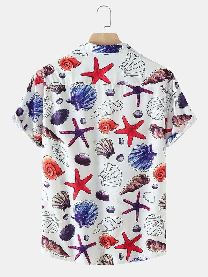 Mens Starfish Ocean Element Print Revere Collar Holiday Short Sleeve Shirt