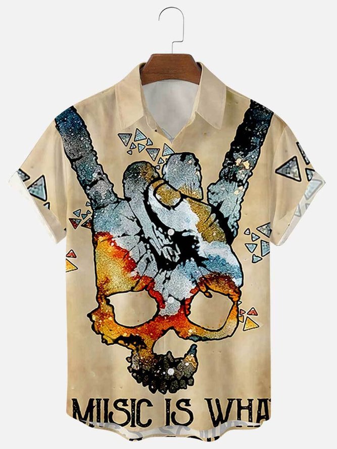 Mens Punk Rock Roll Print Casual Lapel Short Sleeve Hawaiian Shirts