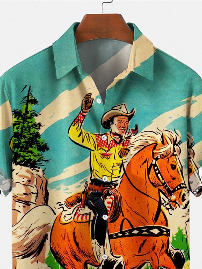 Mens Retro Cowboy Pocket Equestrian Short Sleeve Shirt Casual Loose Comfortable Shirt