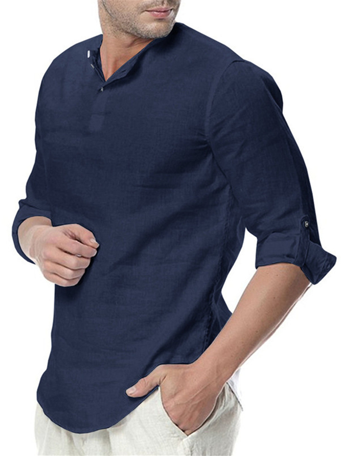 Side view of Casual Plain Spring Henley Lightweight No Elasticity Long Sleeve Regular H-Line Shirts for Men