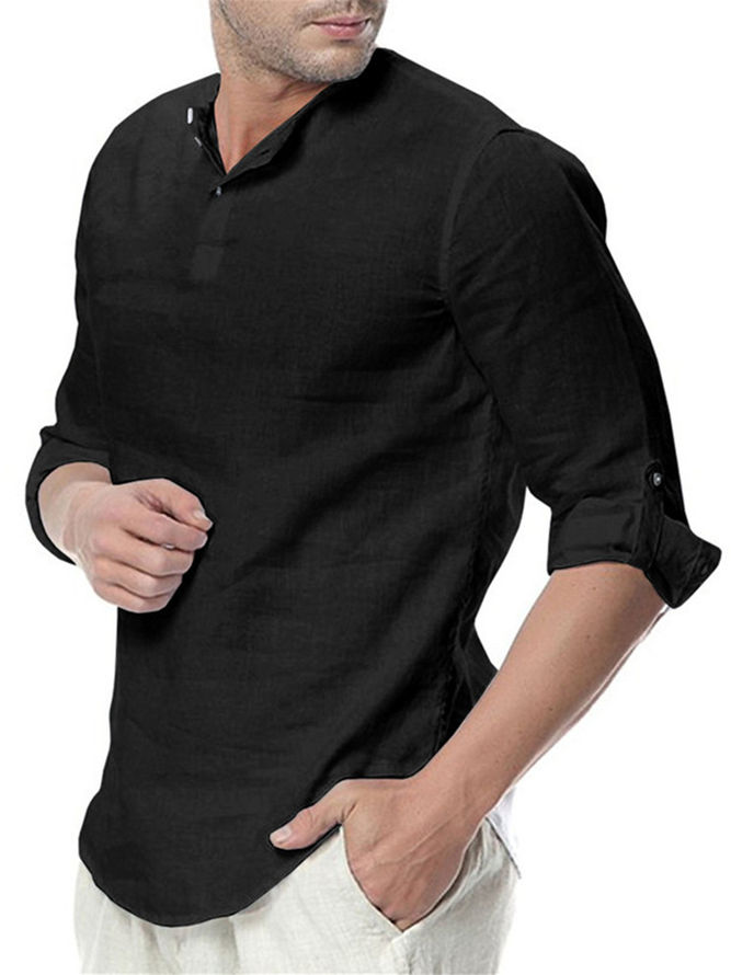 Side view of Casual Plain Spring Henley Lightweight No Elasticity Long Sleeve Regular H-Line Shirts for Men