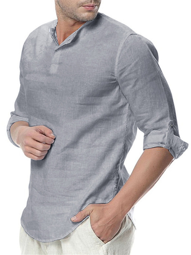 Side view of Casual Plain Spring Henley Lightweight No Elasticity Long Sleeve Regular H-Line Shirts for Men