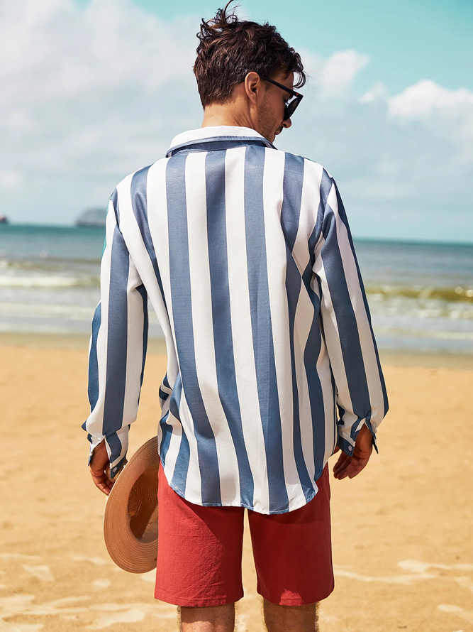 Blue Shirt Collar Cotton-Blend Striped Casual Shirts & Tops