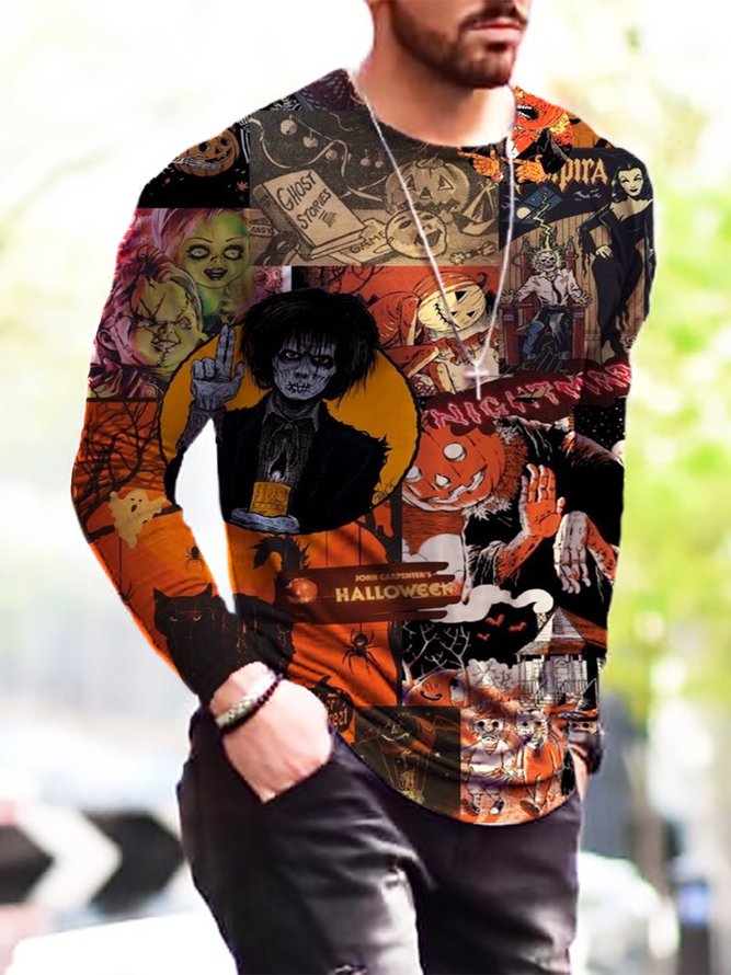 Halloween men's new fashion printing simple long-sleeved T-shirt