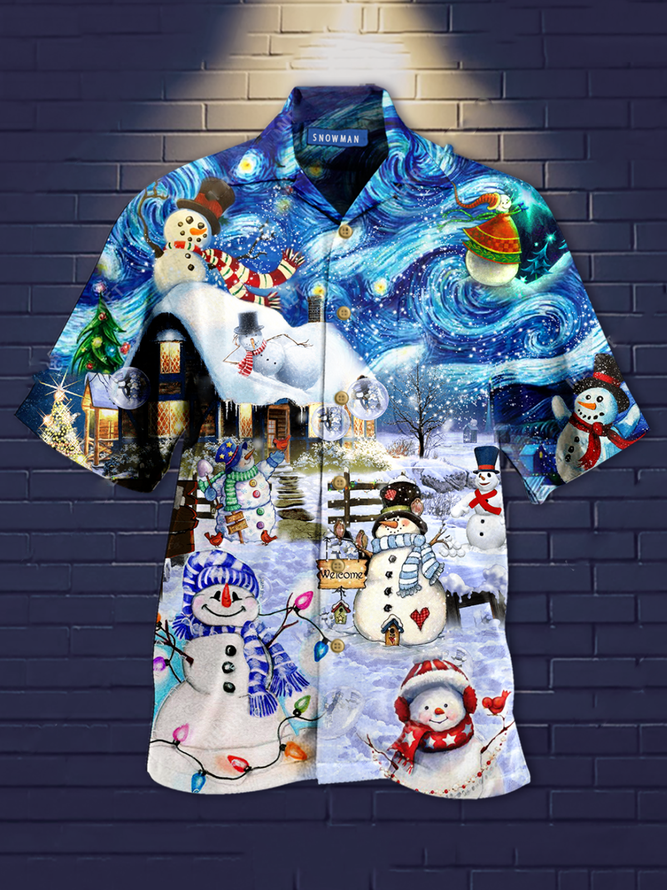 Mens Christmas Printed Casual Breathable Hawaiian Short Sleeve Shirt