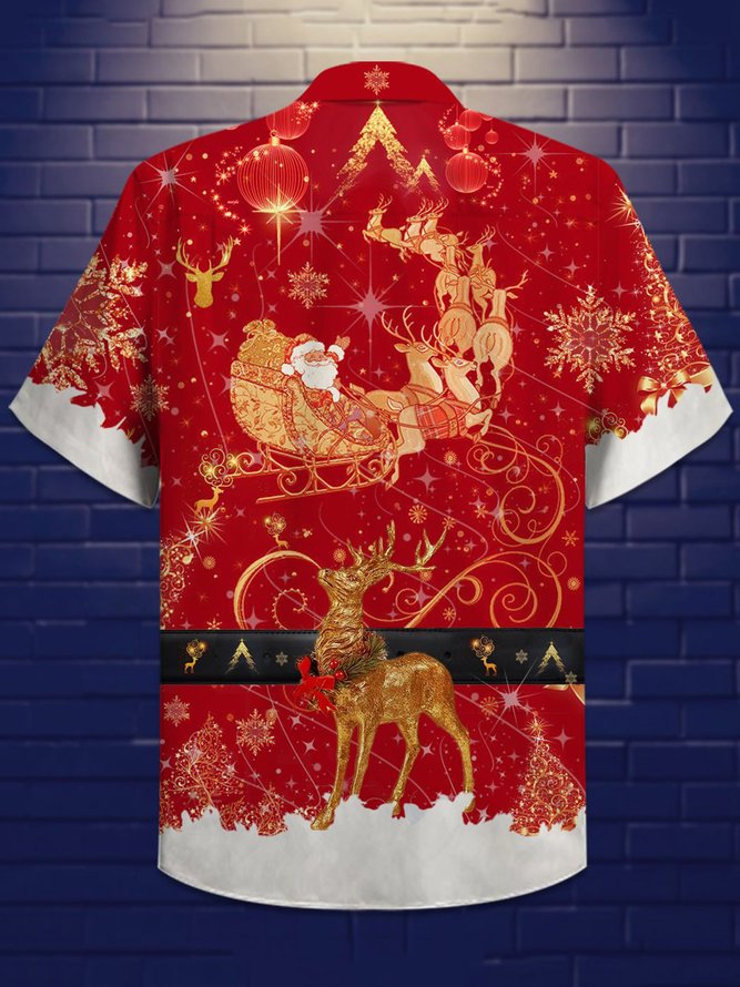 Mens Santa Claus Printed Casual Breathable Hawaiian Short Sleeve Shirt