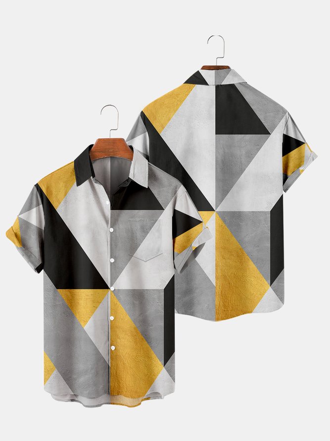 Mens Geo Color Block Print Turndown Collar Chest Pocket Short Sleeve Casual Shirt
