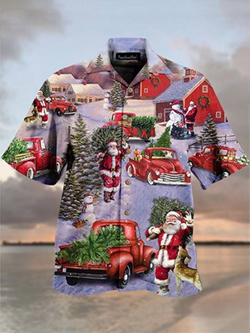 Mens Christmas Santa Trunk Print Loose Short Sleeve Shirts