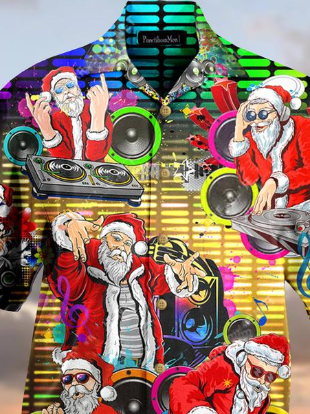 Mens Music DJ Santa Christmas Print Loose Short Sleeve Shirts