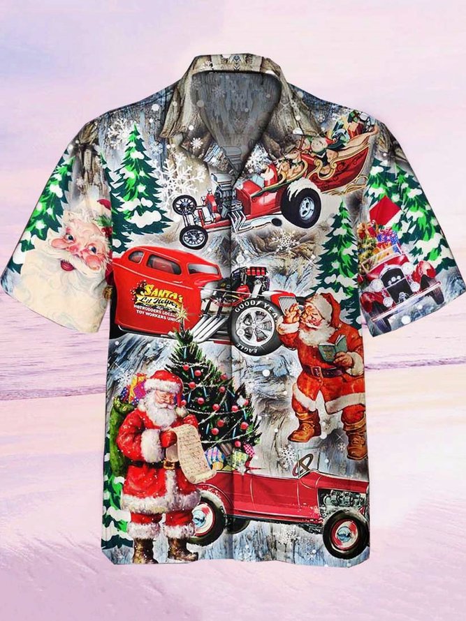 Mens Vintage Christmas Santa Print Loose Short Sleeve Shirts
