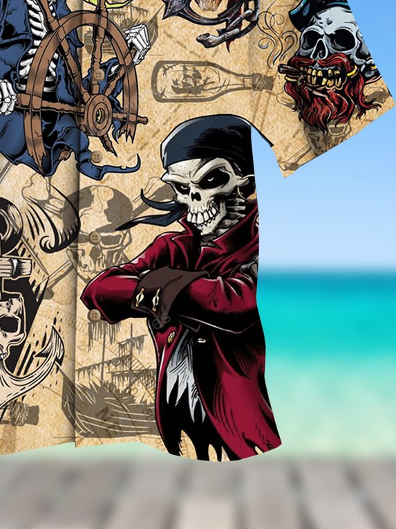 Mens Skull Pirate Print Loose Short Sleeve Shirts