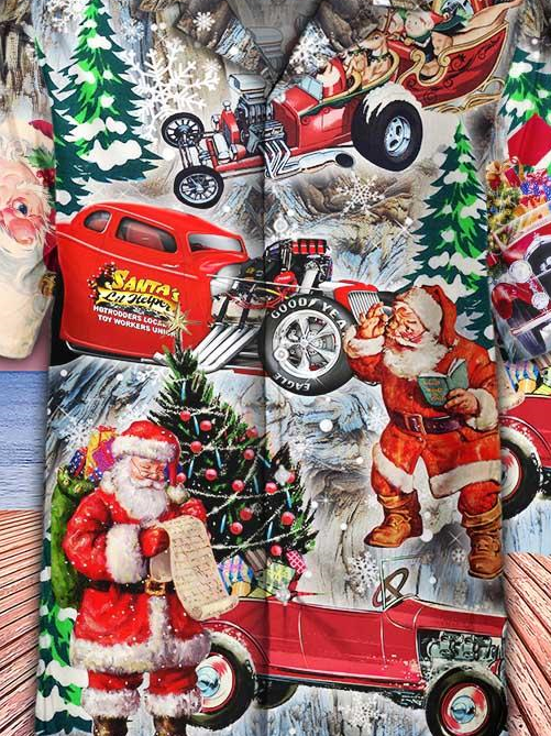 Mens Vintage Christmas Santa Print Loose Short Sleeve Shirt