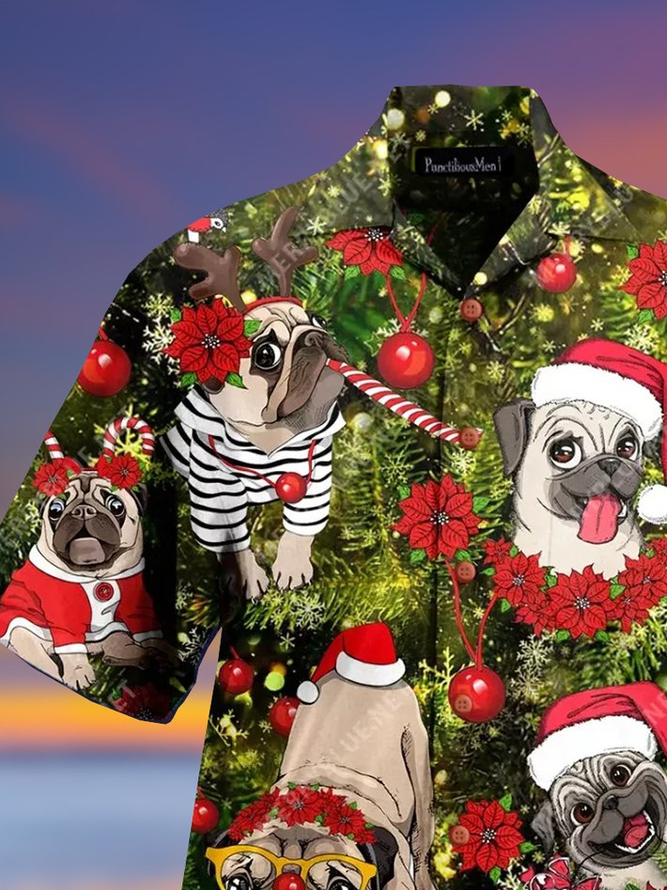 Mens Pug Dog Christmas Print Loose Short Sleeve Shirts