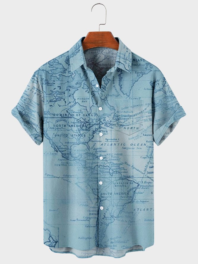 Mens Navigation Map Printed Casual Breathable Short Sleeve Shirts