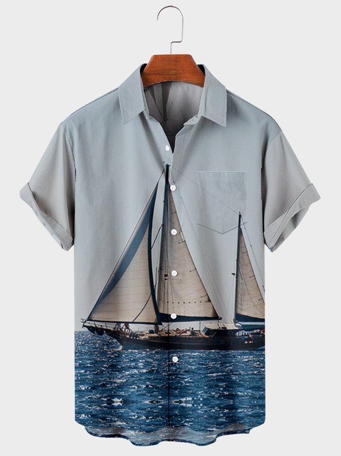 Mens Sailboat Printed Casual Breathable Short Sleeve Shirts