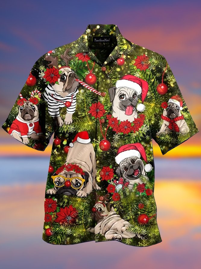 Mens Pug Dog Christmas Print Loose Short Sleeve Shirts