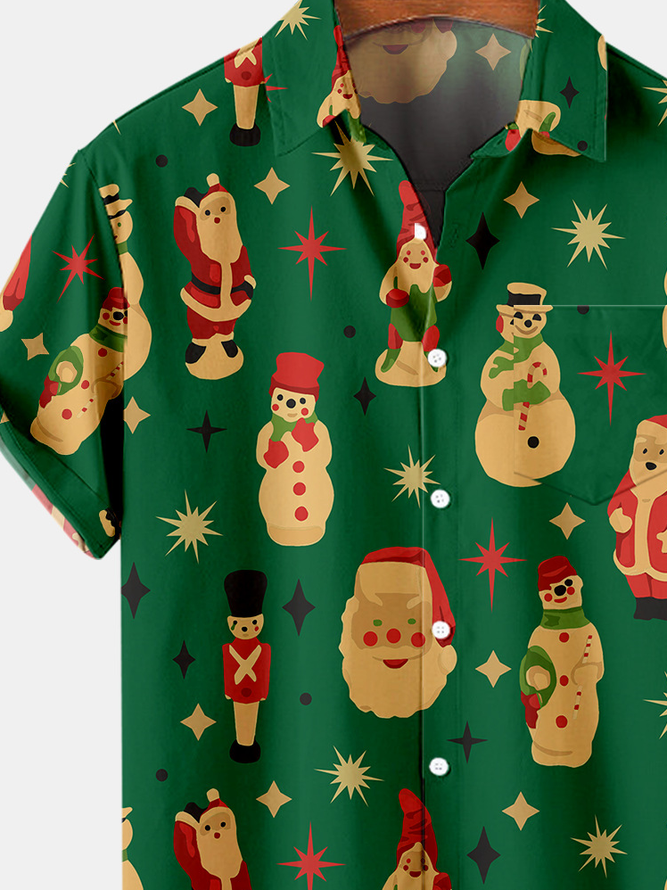 Mens Santa Print Casual Breathable Hawaiian Short Sleeve Shirt