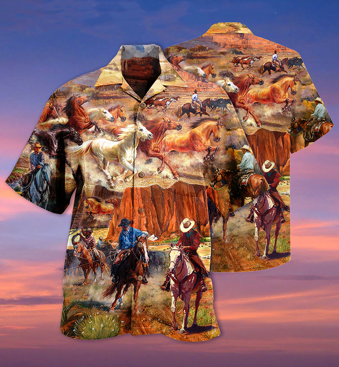 Mens Vintage Cowboy Print Loose Short Sleeve Shirt