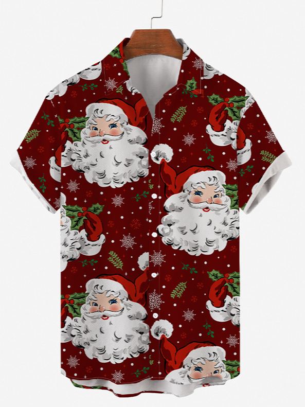Mens Christmas Santa Print Round Hem Loose Short Sleeve Shirt