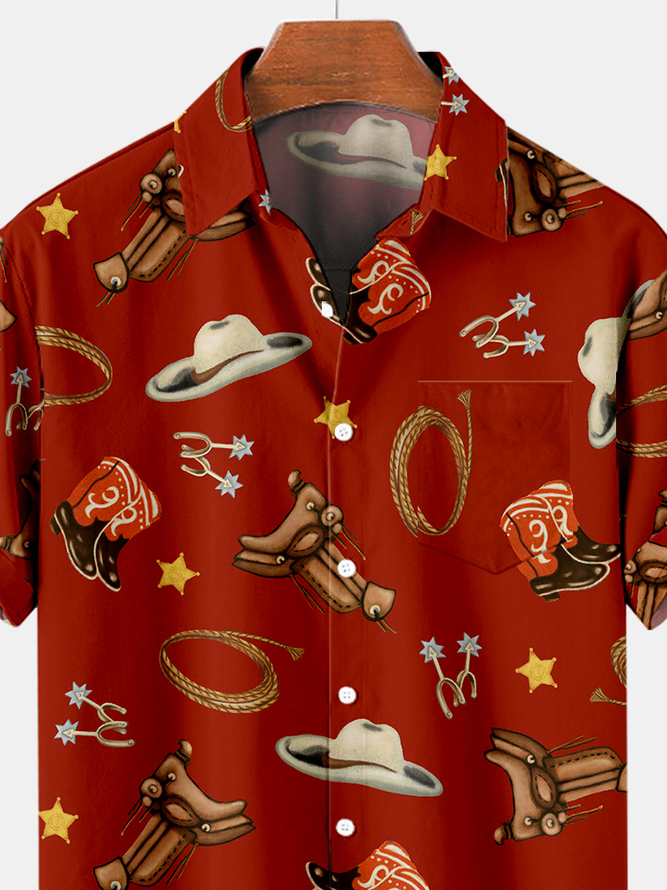 Mens Cowboy Boots Hats Print Casual Breathable Chest Pocket Short Sleeve Hawaiian Shirts
