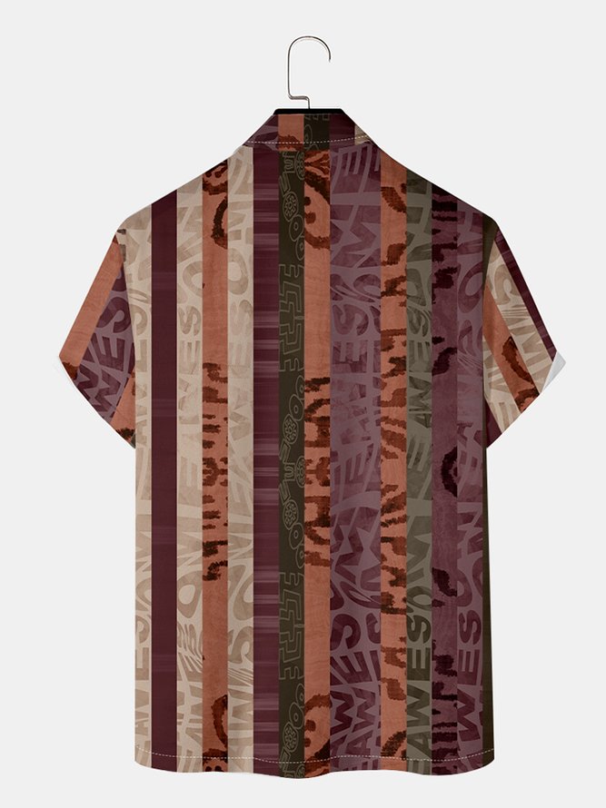 Mens Striped Jacquar Print Loose Short Sleeve Hawaiian Shirt