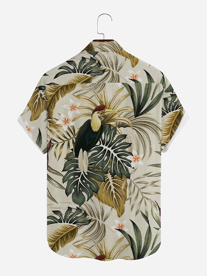 Mens Parrots Print Round Hem Loose Short Sleeve Hawaiian Shirt