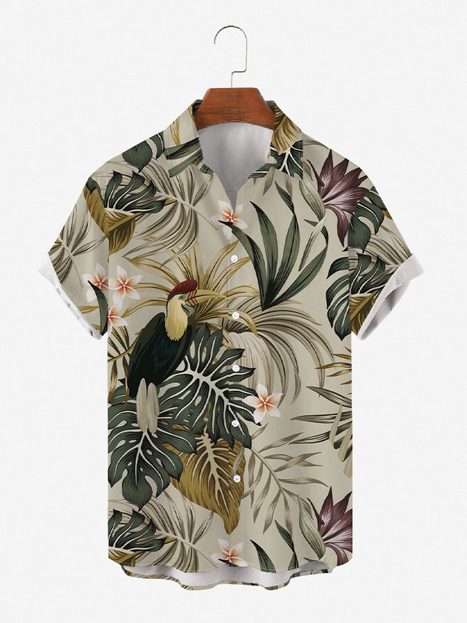 Mens Parrots Print Round Hem Loose Short Sleeve Hawaiian Shirt