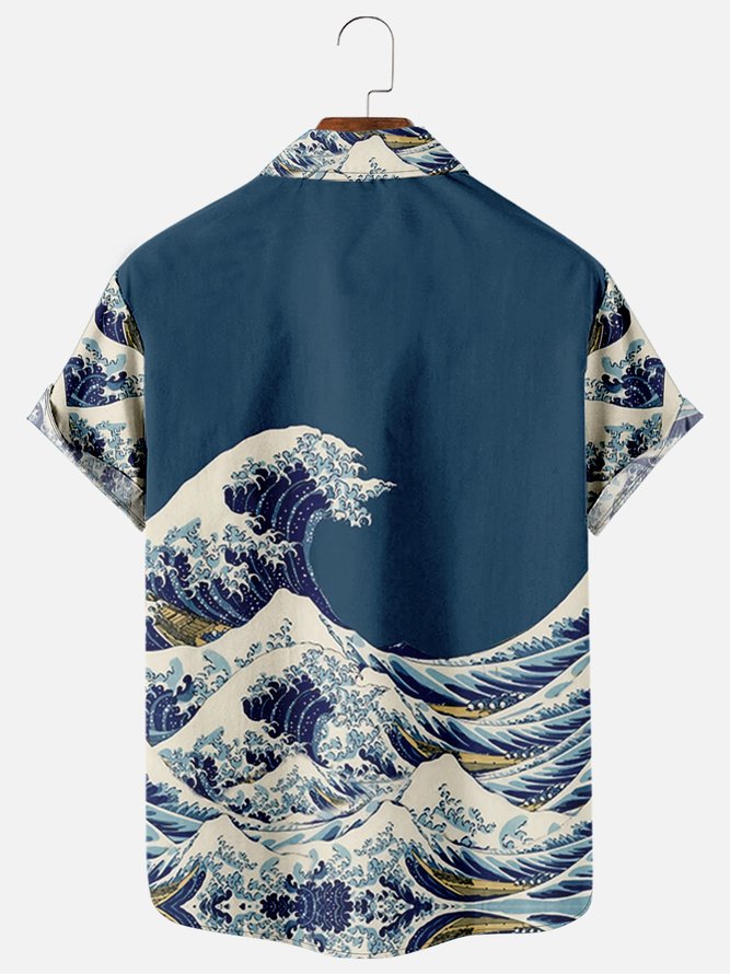 Mens Japanese Ukiyoe Print Round Hem Loose Short Sleeve Hawaiian Shirts
