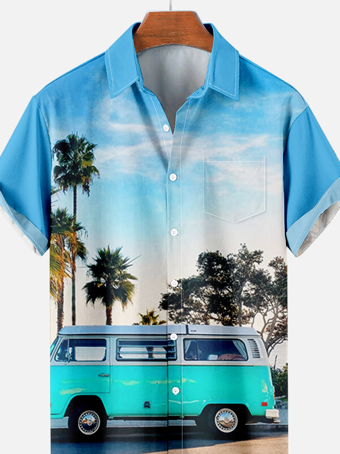 Mens Vintage Car Coconut Tree Print Casual Breathable Chest Pocket Short Sleeve Hawaiian Shirts